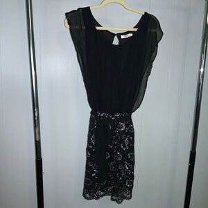Candies black chiffon cocktail dress lace skirt Sz L blouson waist tie sash prom